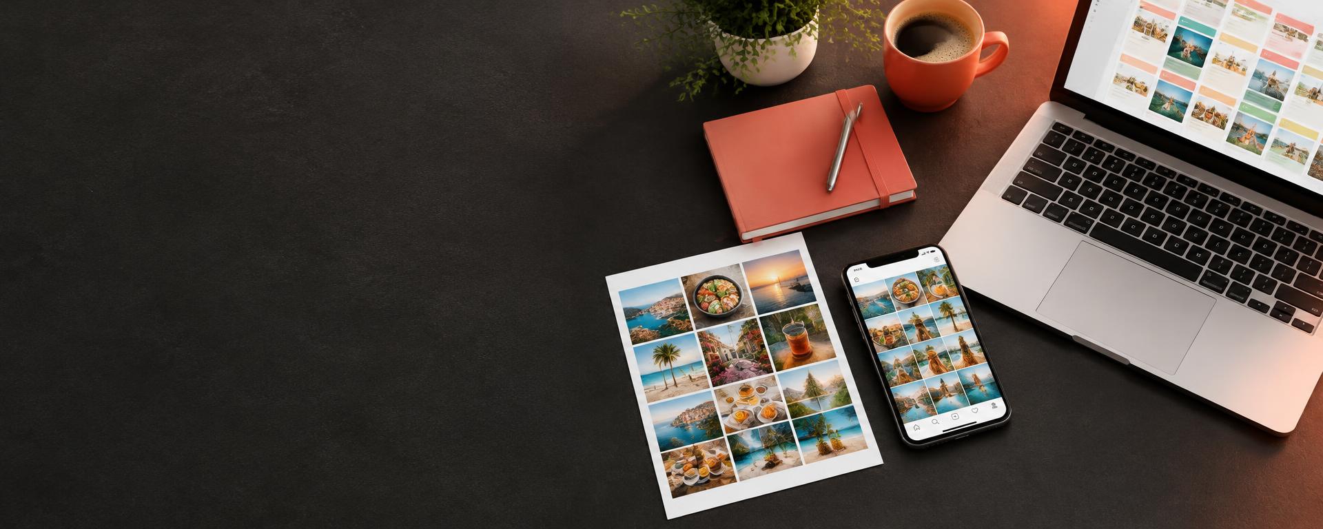 Social media content planning with a photo grid, smartphone and laptop